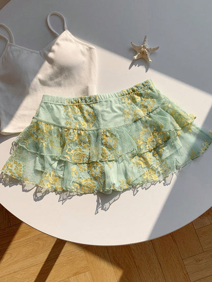 Comfortcana Women's Light Green Summer Cute Beach Vacation Holiday Lace Double-Layer Skirt, Y2K Style Music Festival Afternoon Tea Date Casual Street Wear