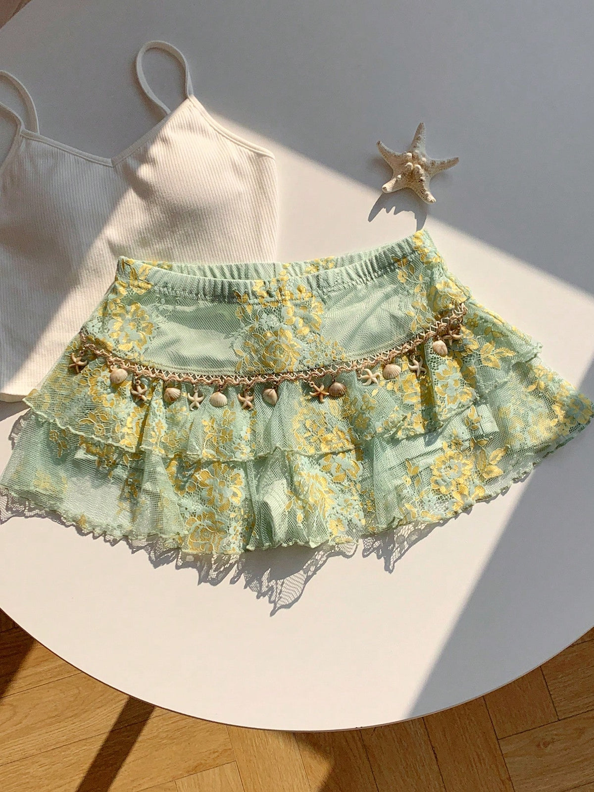 Comfortcana Women's Light Green Summer Cute Beach Vacation Holiday Lace Double-Layer Skirt, Y2K Style Music Festival Afternoon Tea Date Casual Street Wear