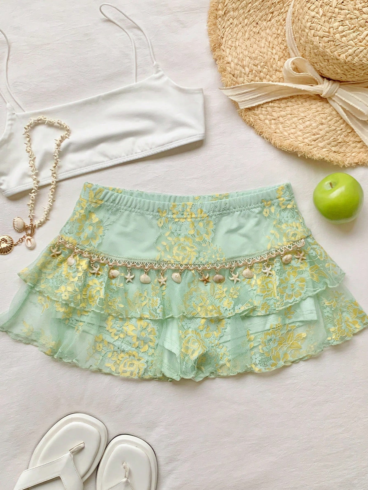 Comfortcana Women's Light Green Summer Cute Beach Vacation Holiday Lace Double-Layer Skirt, Y2K Style Music Festival Afternoon Tea Date Casual Street Wear