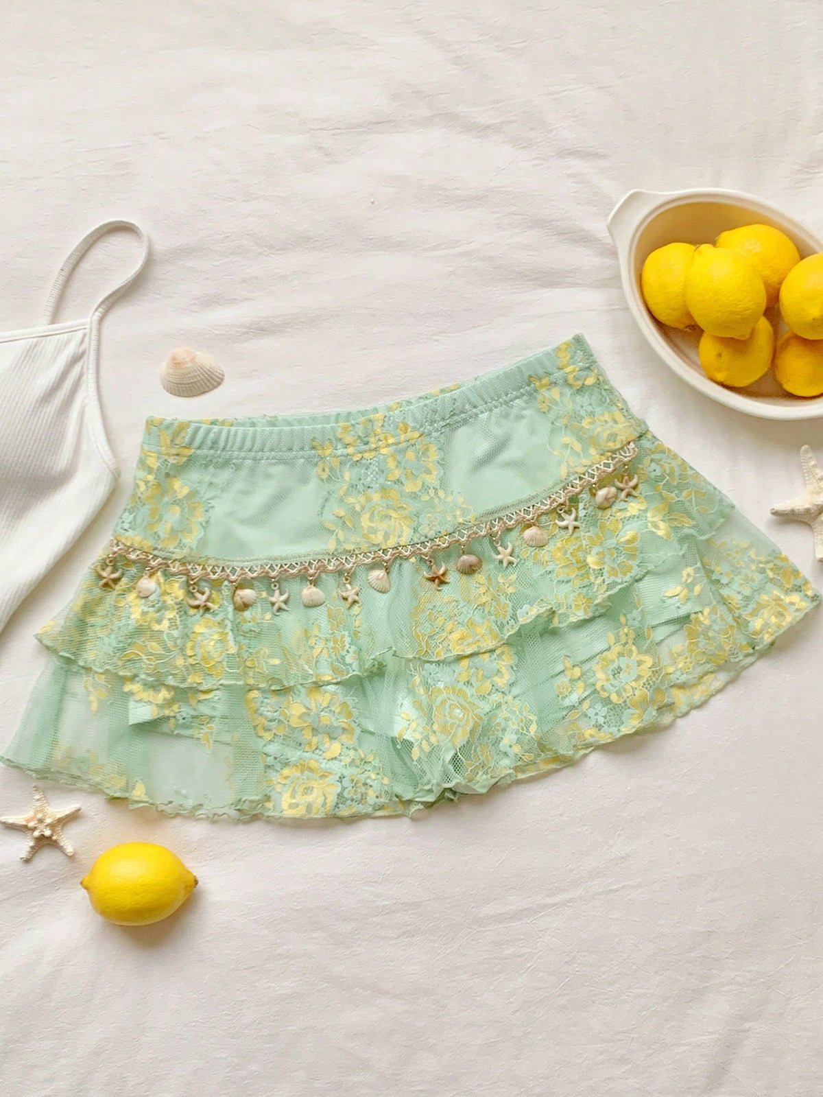 Comfortcana Women's Light Green Summer Cute Beach Vacation Holiday Lace Double-Layer Skirt, Y2K Style Music Festival Afternoon Tea Date Casual Street Wear