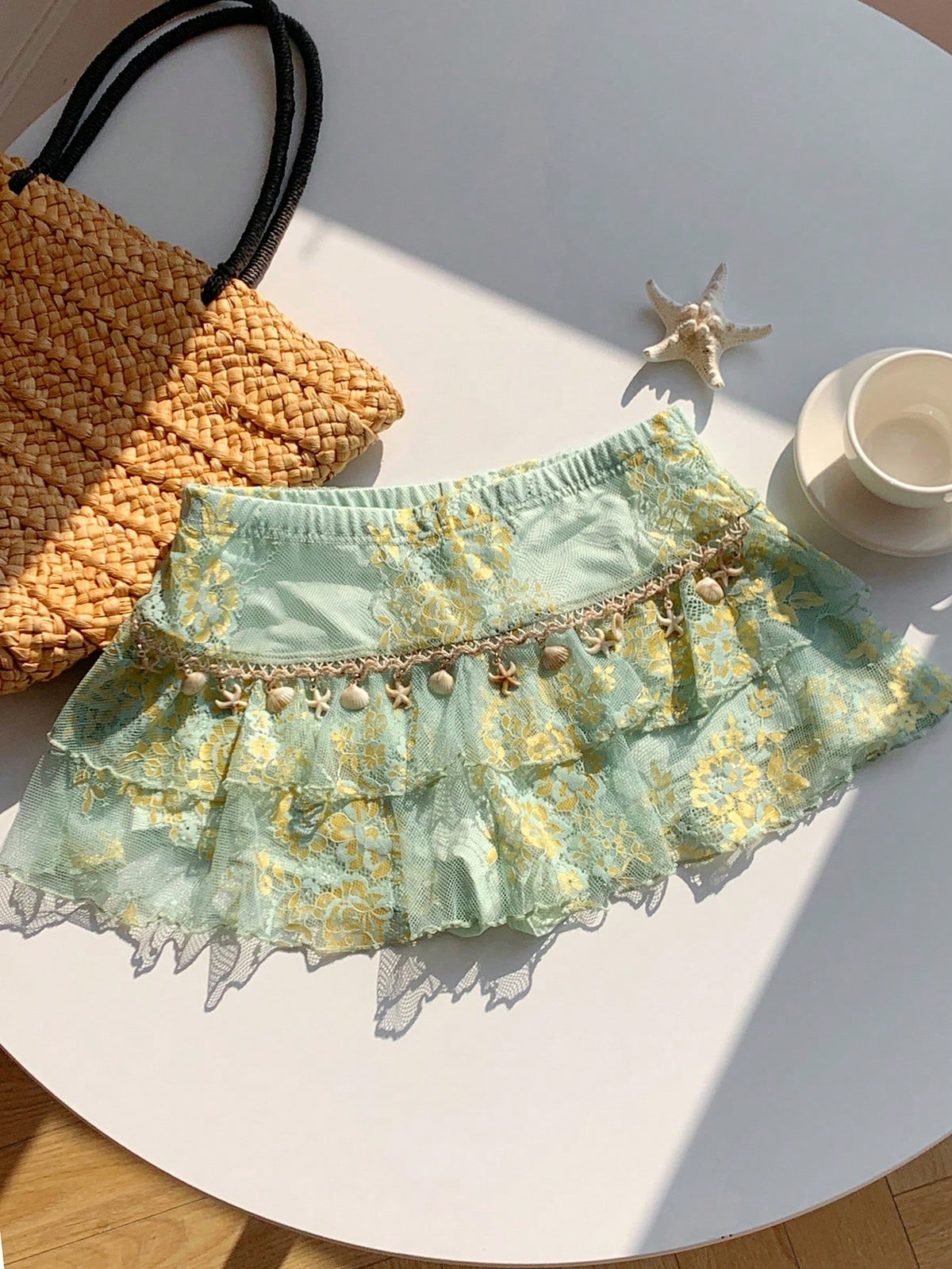 Comfortcana Women's Light Green Summer Cute Beach Vacation Holiday Lace Double-Layer Skirt, Y2K Style Music Festival Afternoon Tea Date Casual Street Wear