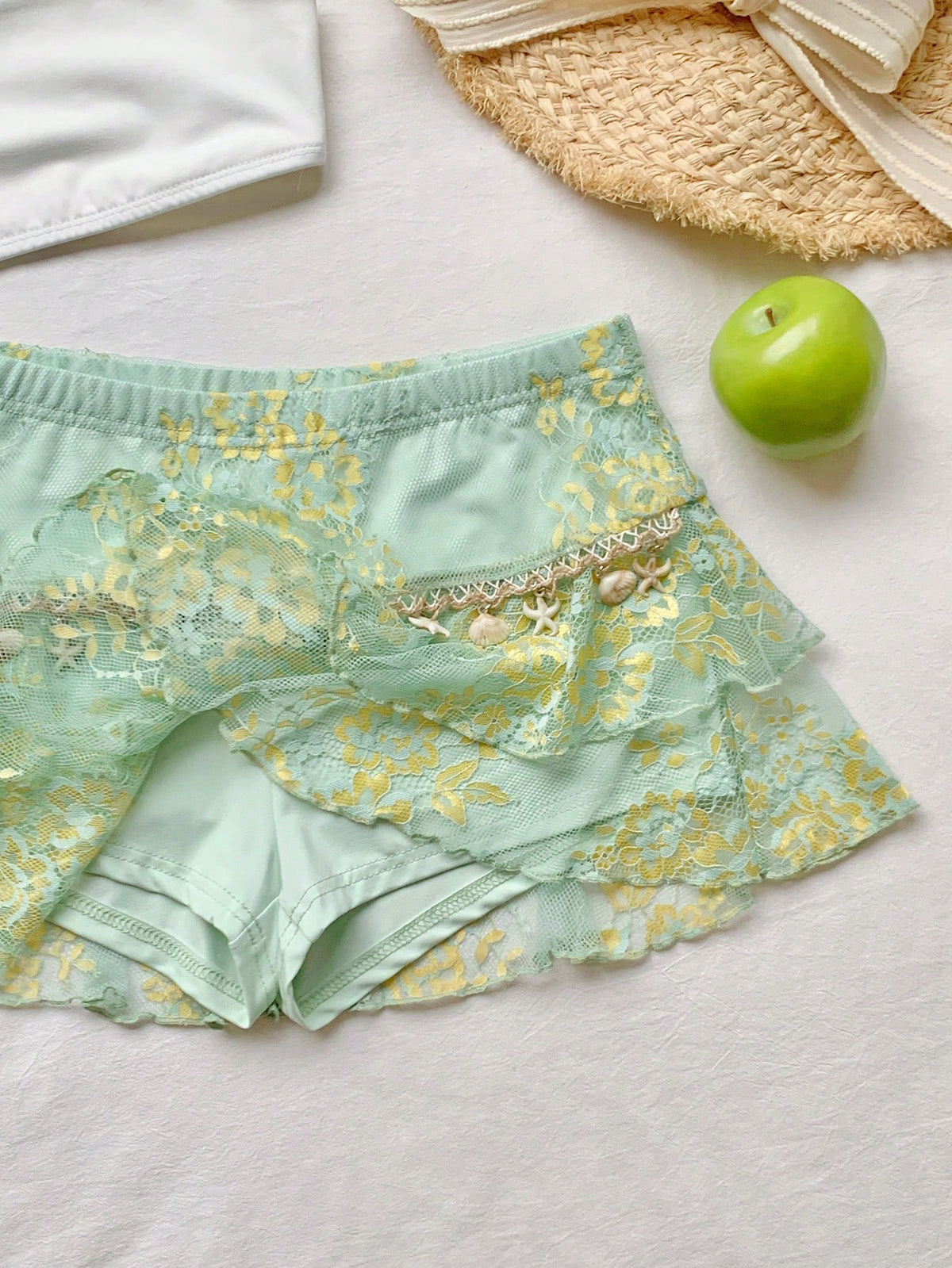 Comfortcana Women's Light Green Summer Cute Beach Vacation Holiday Lace Double-Layer Skirt, Y2K Style Music Festival Afternoon Tea Date Casual Street Wear