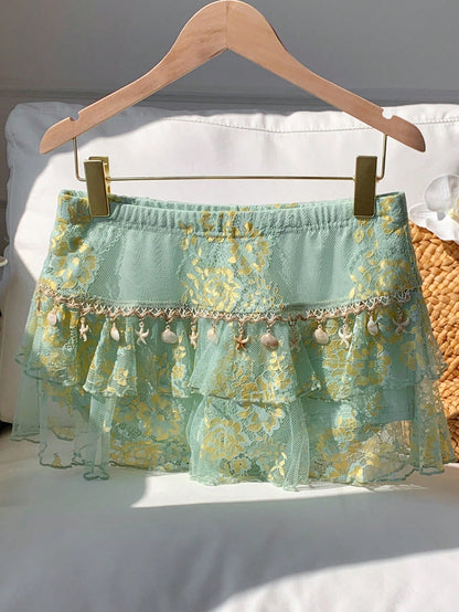Comfortcana Women's Light Green Summer Cute Beach Vacation Holiday Lace Double-Layer Skirt, Y2K Style Music Festival Afternoon Tea Date Casual Street Wear