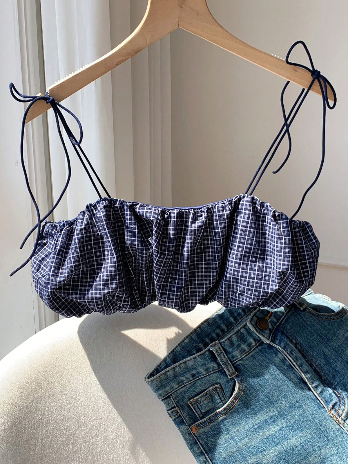 Comfortcana Women's Sexy Cute Plaid Ruched Super Short Camisole For Summer,Summer Top Vacation Navy Blue And White
