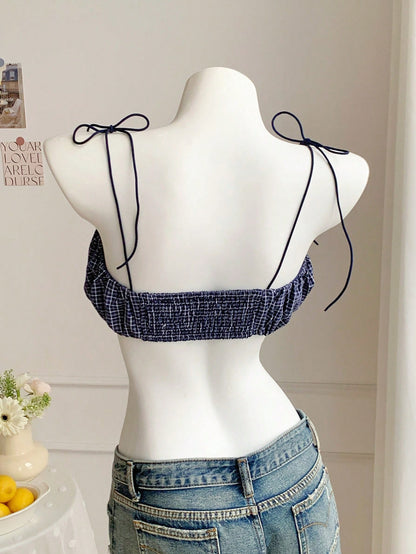 Comfortcana Women's Sexy Cute Plaid Ruched Super Short Camisole For Summer,Summer Top Vacation Navy Blue And White