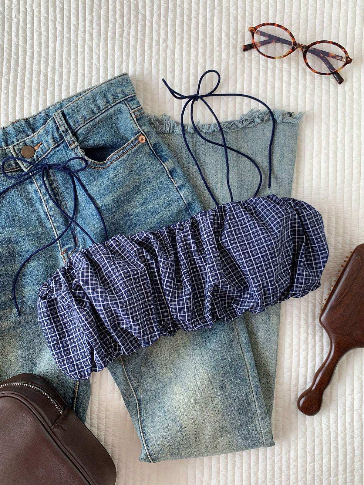 Comfortcana Women's Sexy Cute Plaid Ruched Super Short Camisole For Summer,Summer Top Vacation Navy Blue And White