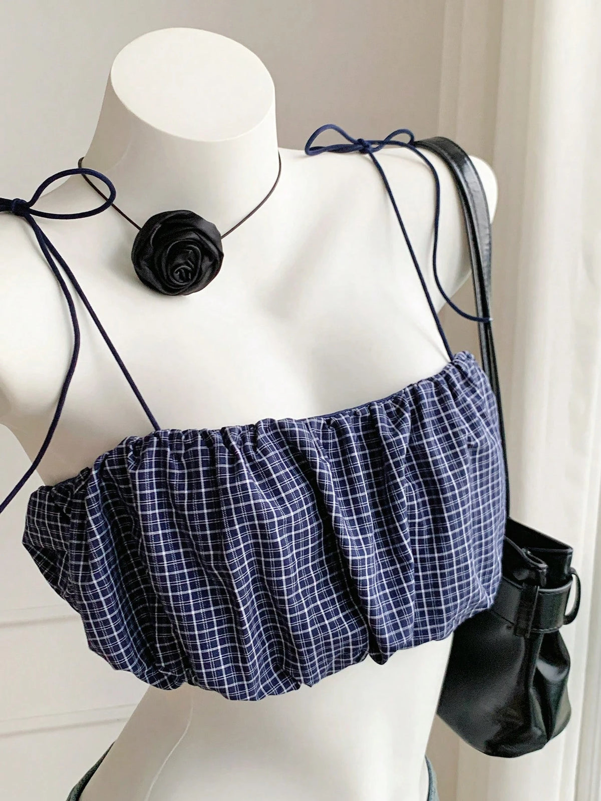 Comfortcana Women's Sexy Cute Plaid Ruched Super Short Camisole For Summer,Summer Top Vacation Navy Blue And White