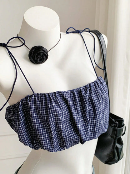Comfortcana Women's Sexy Cute Plaid Ruched Super Short Camisole For Summer,Summer Top Vacation Navy Blue And White