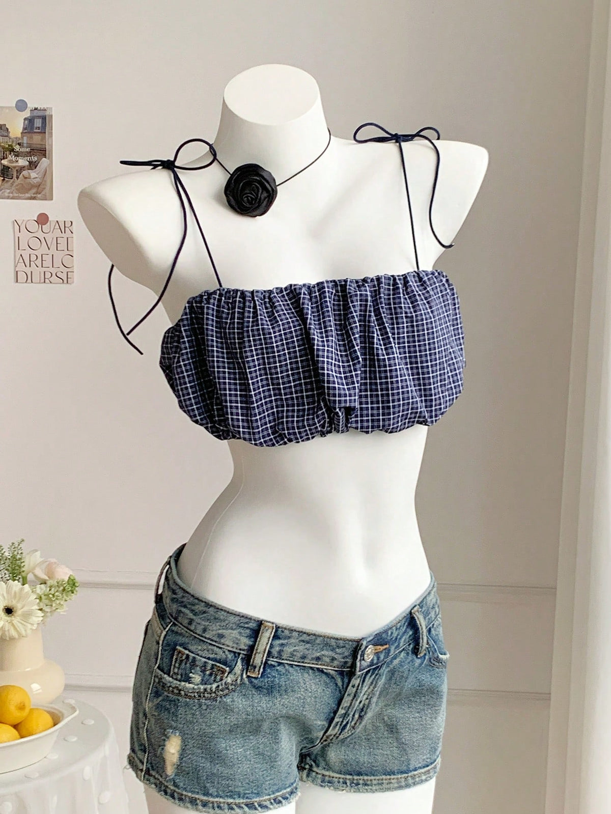 Comfortcana Women's Sexy Cute Plaid Ruched Super Short Camisole For Summer,Summer Top Vacation Navy Blue And White