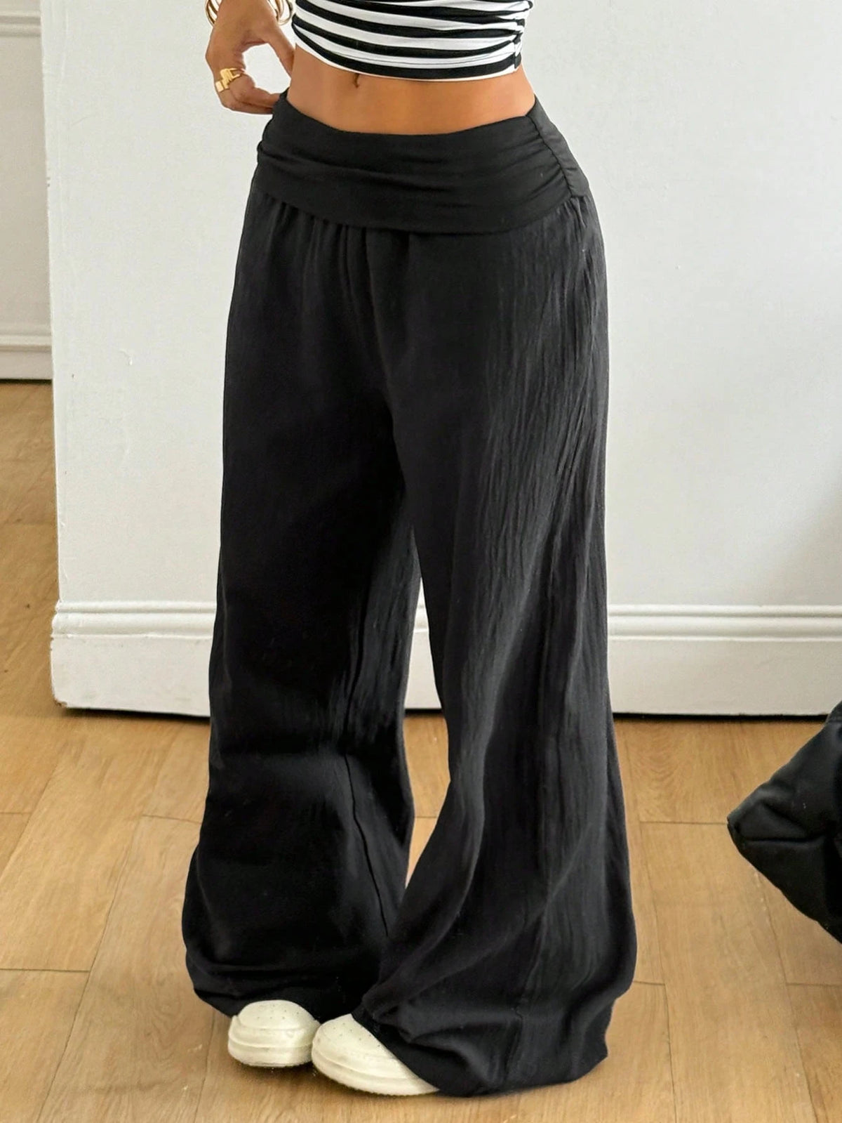 Coolane Autumn Outfits For Women Streetwear Casual Boho Minimalist Washed 100 Cotton Plain Black Wide Leg Pants, Vacations Women Birthday Going Out