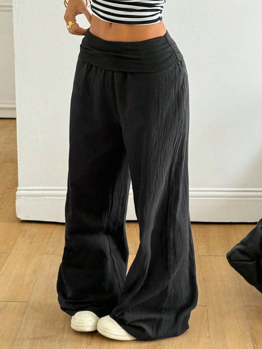 Coolane Autumn Outfits For Women Streetwear Casual Boho Minimalist Washed 100 Cotton Plain Black Wide Leg Pants, Vacations Women Birthday Going Out