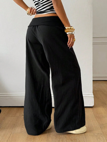 Coolane Autumn Outfits For Women Streetwear Casual Boho Minimalist Washed 100 Cotton Plain Black Wide Leg Pants, Vacations Women Birthday Going Out