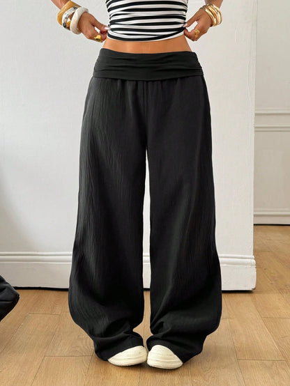 Coolane Autumn Outfits For Women Streetwear Casual Boho Minimalist Washed 100 Cotton Plain Black Wide Leg Pants, Vacations Women Birthday Going Out