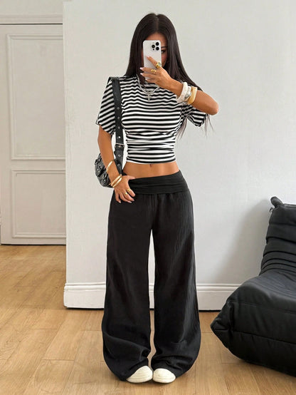 Coolane Autumn Outfits For Women Streetwear Casual Boho Minimalist Washed 100 Cotton Plain Black Wide Leg Pants, Vacations Women Birthday Going Out