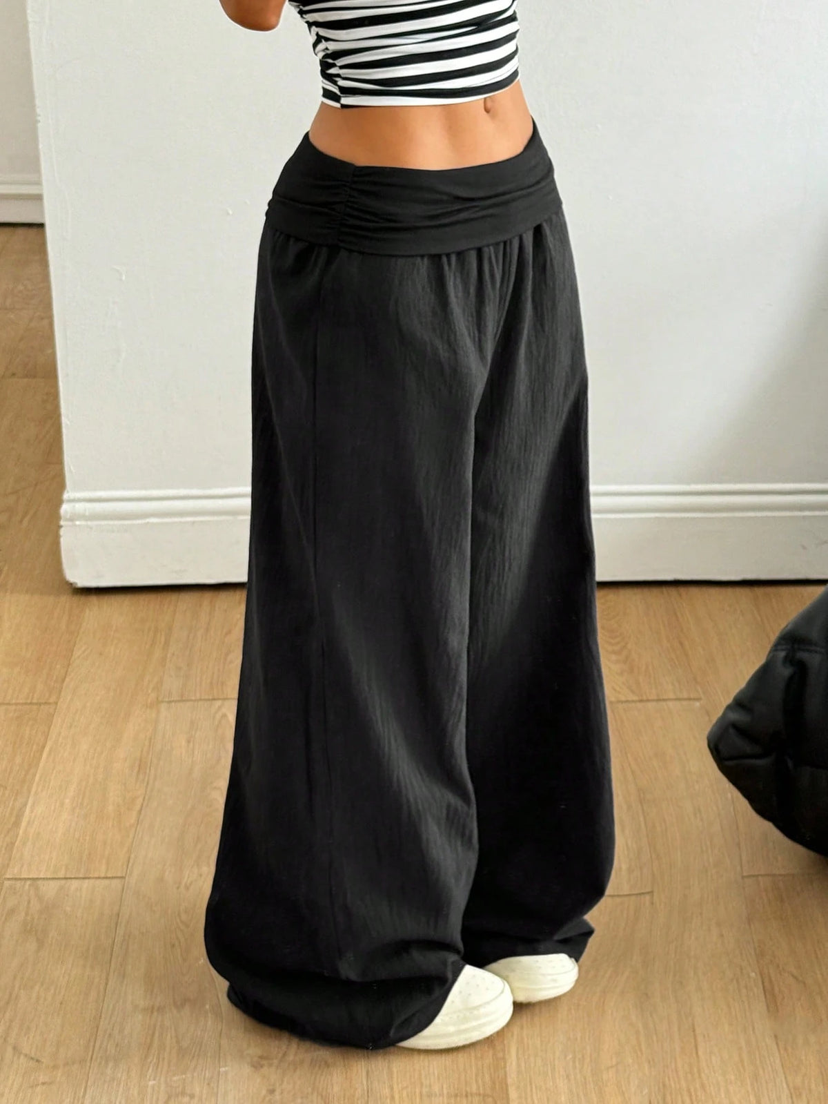 Coolane Autumn Outfits For Women Streetwear Casual Boho Minimalist Washed 100 Cotton Plain Black Wide Leg Pants, Vacations Women Birthday Going Out