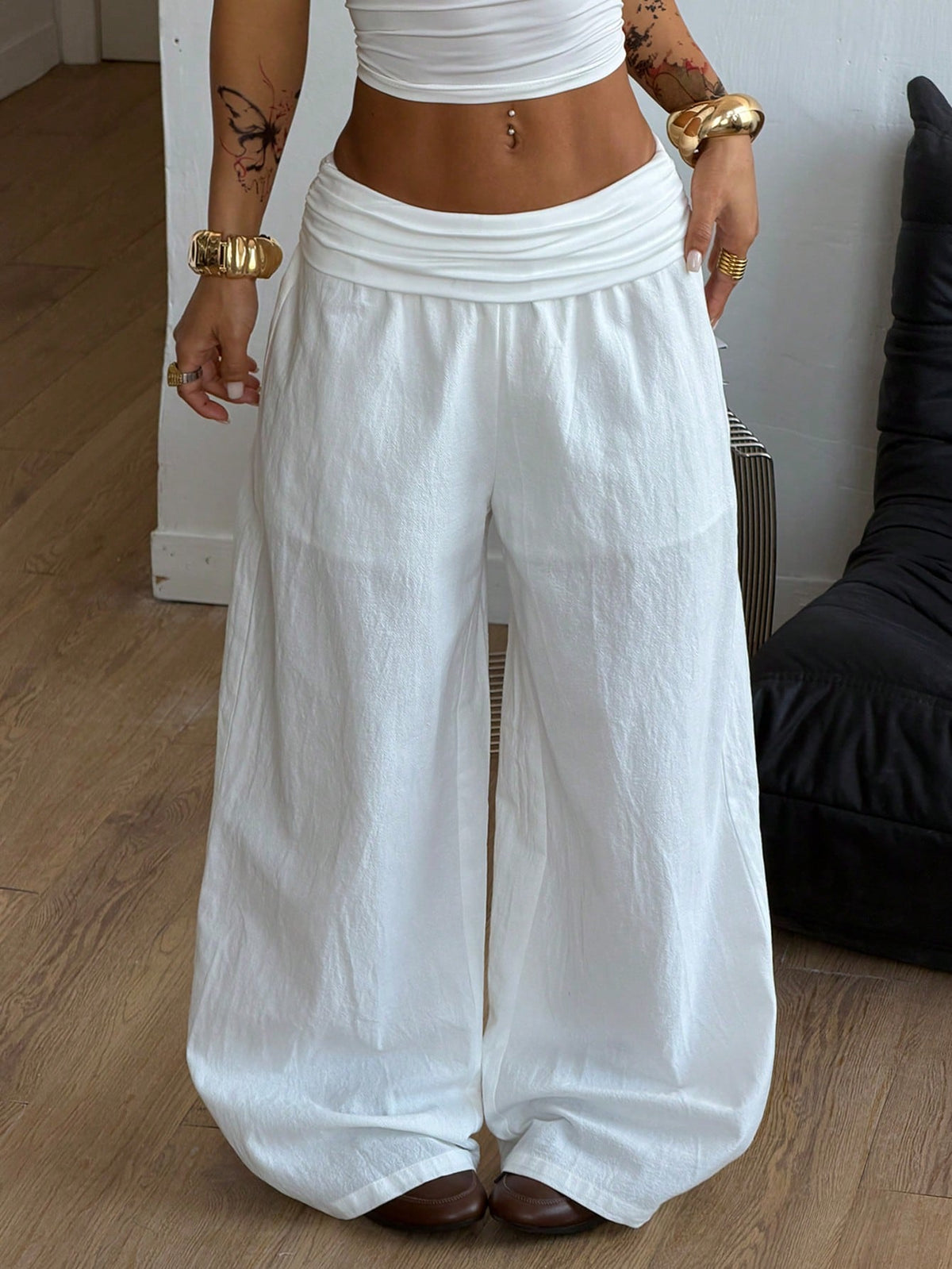 Coolane Autumn Outfits For Women Streetwear Casual Boho Minimalist Washed 100 Cotton Plain Black Wide Leg Pants, Vacations Women Birthday Going Out