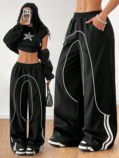 Coolane Girls Back To School Athleisure Woven Tape Black Wide Leg Sweatpants Joggers