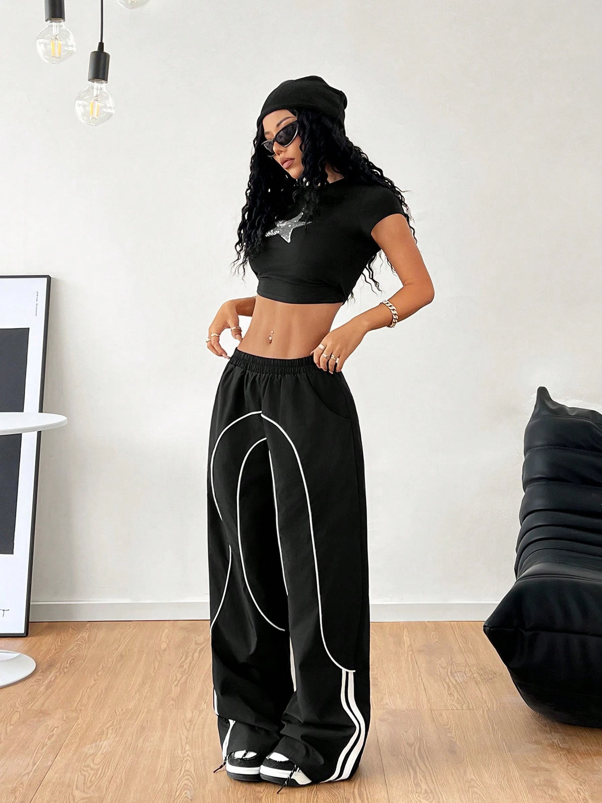 Coolane Girls Back To School Athleisure Woven Tape Black Wide Leg Sweatpants Joggers