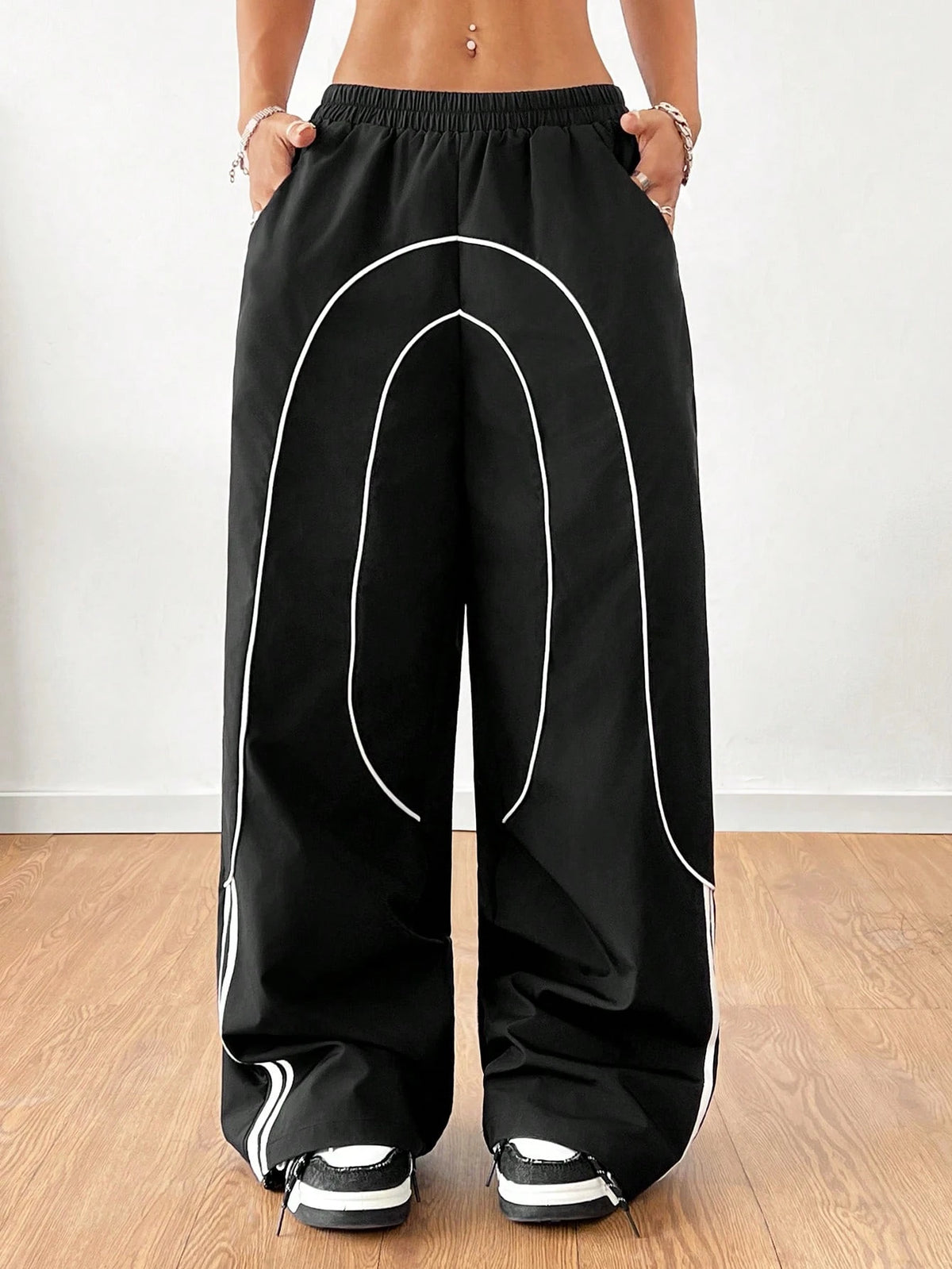 Coolane Girls Back To School Athleisure Woven Tape Black Wide Leg Sweatpants Joggers