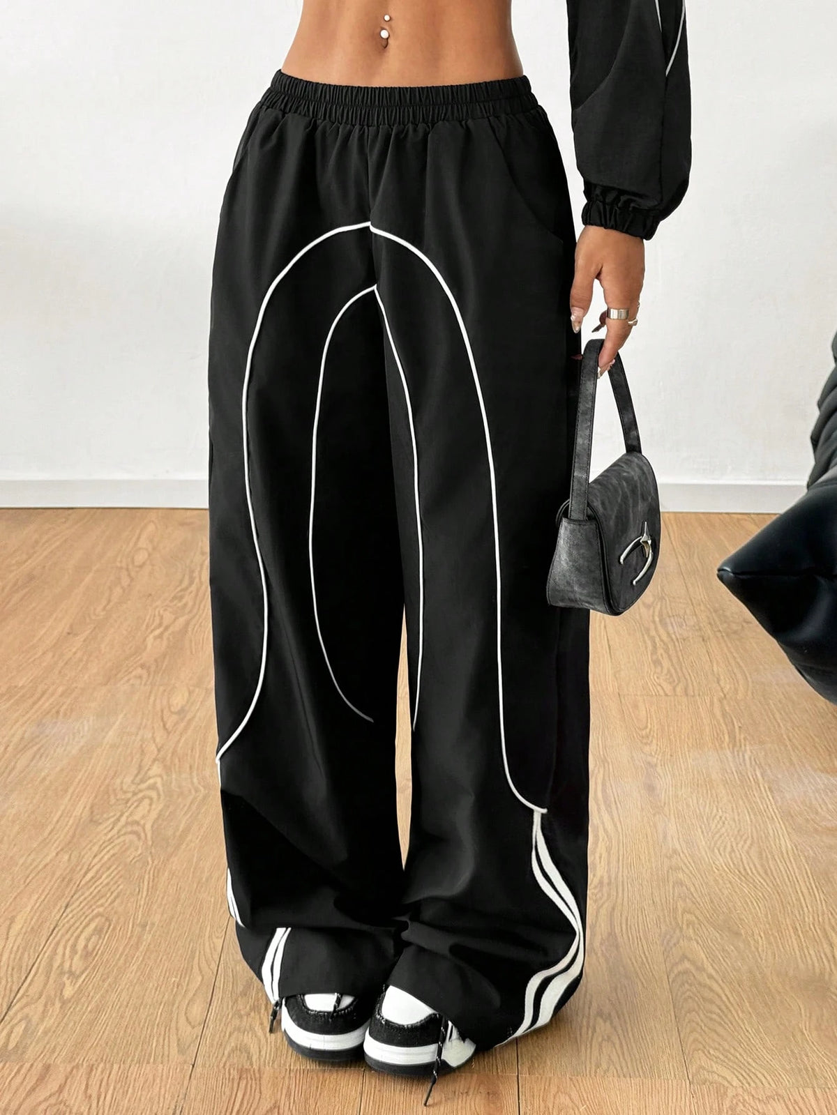 Coolane Girls Back To School Athleisure Woven Tape Black Wide Leg Sweatpants Joggers