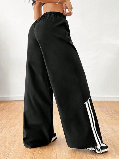 Coolane Girls Back To School Athleisure Woven Tape Black Wide Leg Sweatpants Joggers
