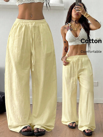 Coolane Women's Summer Country Concert Going Out Beach Outfits Boho Basic Minimalist Washed 100%Cotton White Pants Curved Hem Pants