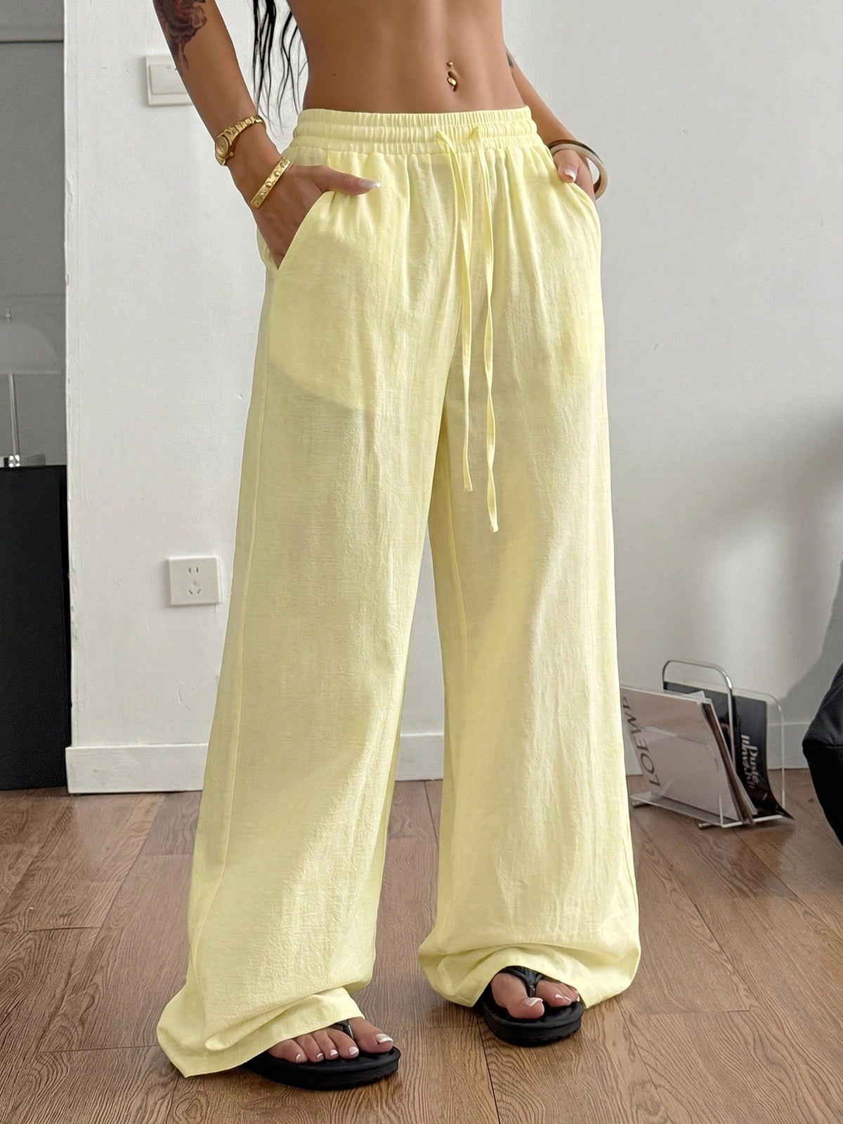 Coolane Women's Summer Country Concert Going Out Beach Outfits Boho Basic Minimalist Washed 100%Cotton White Pants Curved Hem Pants
