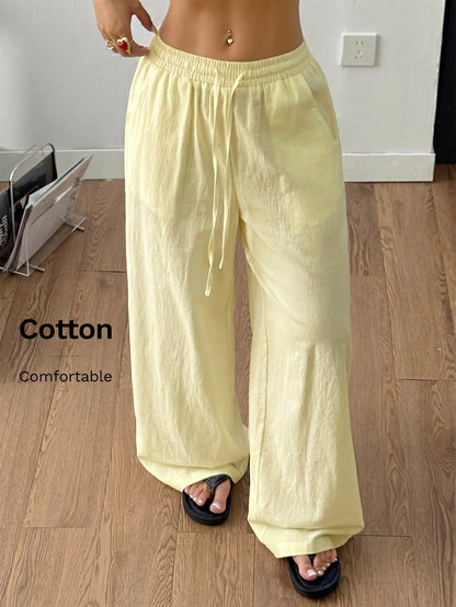 Coolane Women's Summer Country Concert Going Out Beach Outfits Boho Basic Minimalist Washed 100%Cotton White Pants Curved Hem Pants