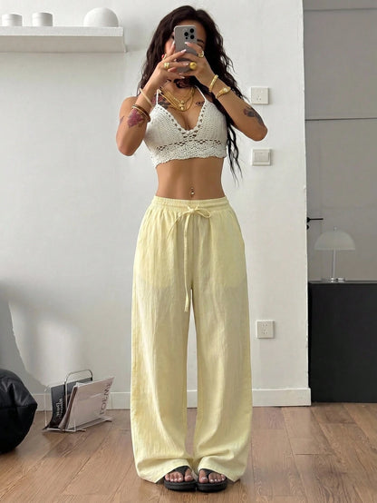 Coolane Women's Summer Country Concert Going Out Beach Outfits Boho Basic Minimalist Washed 100%Cotton White Pants Curved Hem Pants