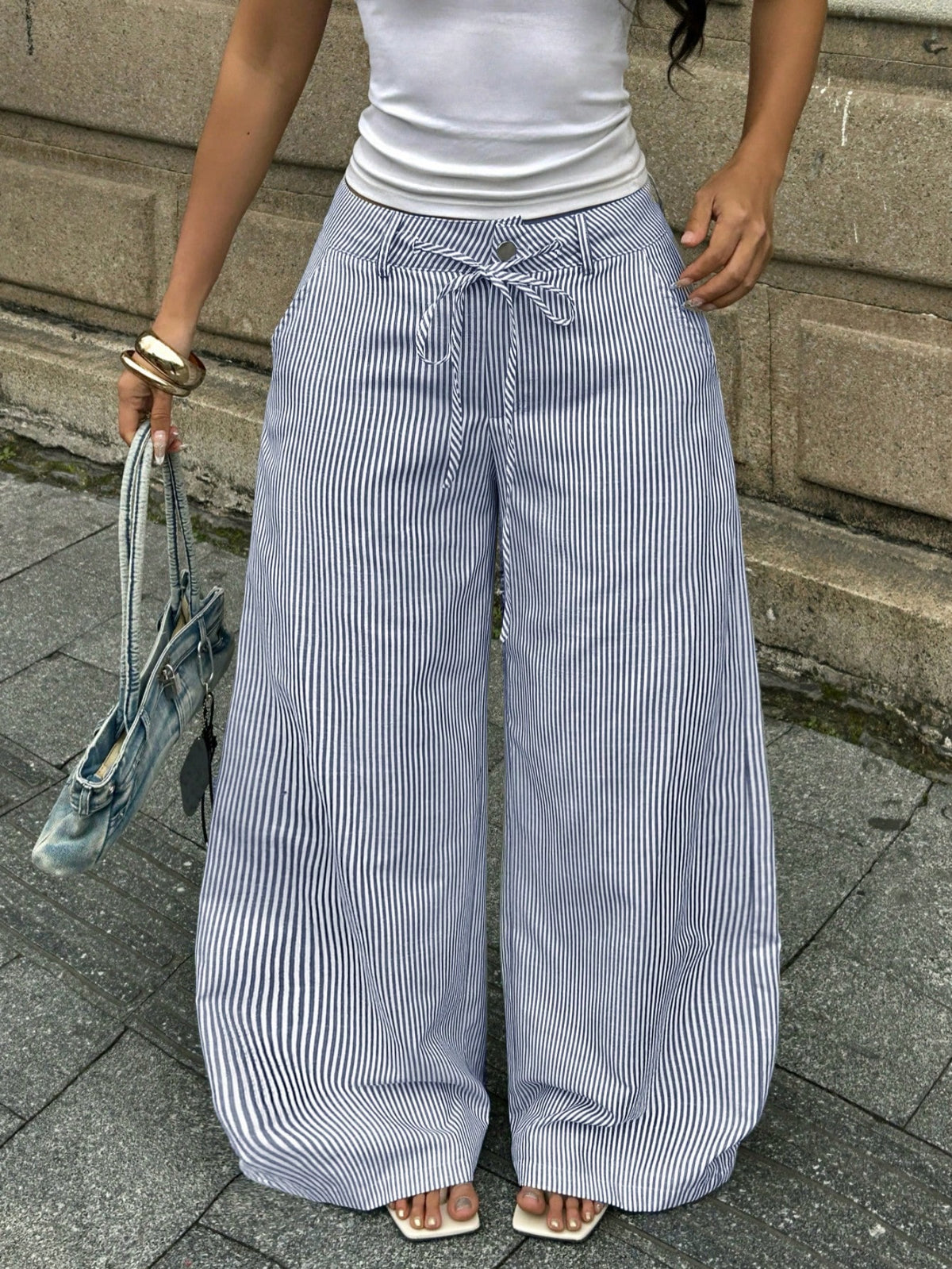 Coolane Women's Summer Streetwear Casual Basic Daily Wear Essentials Vacation Holiday Graphics Striped With Pockets Black Baggy Low Rise Wide Leg Pants
