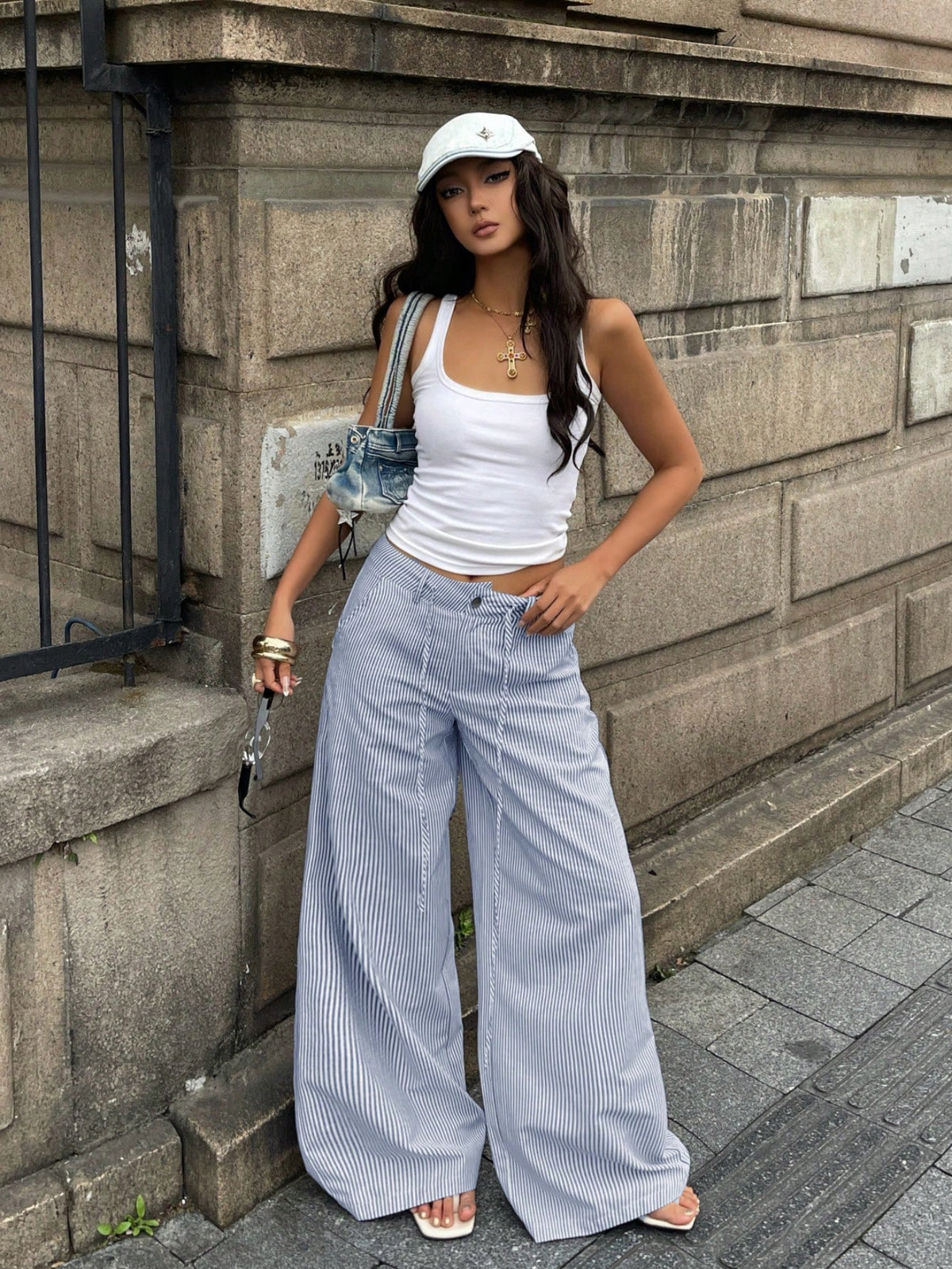 Coolane Women's Summer Streetwear Casual Basic Daily Wear Essentials Vacation Holiday Graphics Striped With Pockets Black Baggy Low Rise Wide Leg Pants
