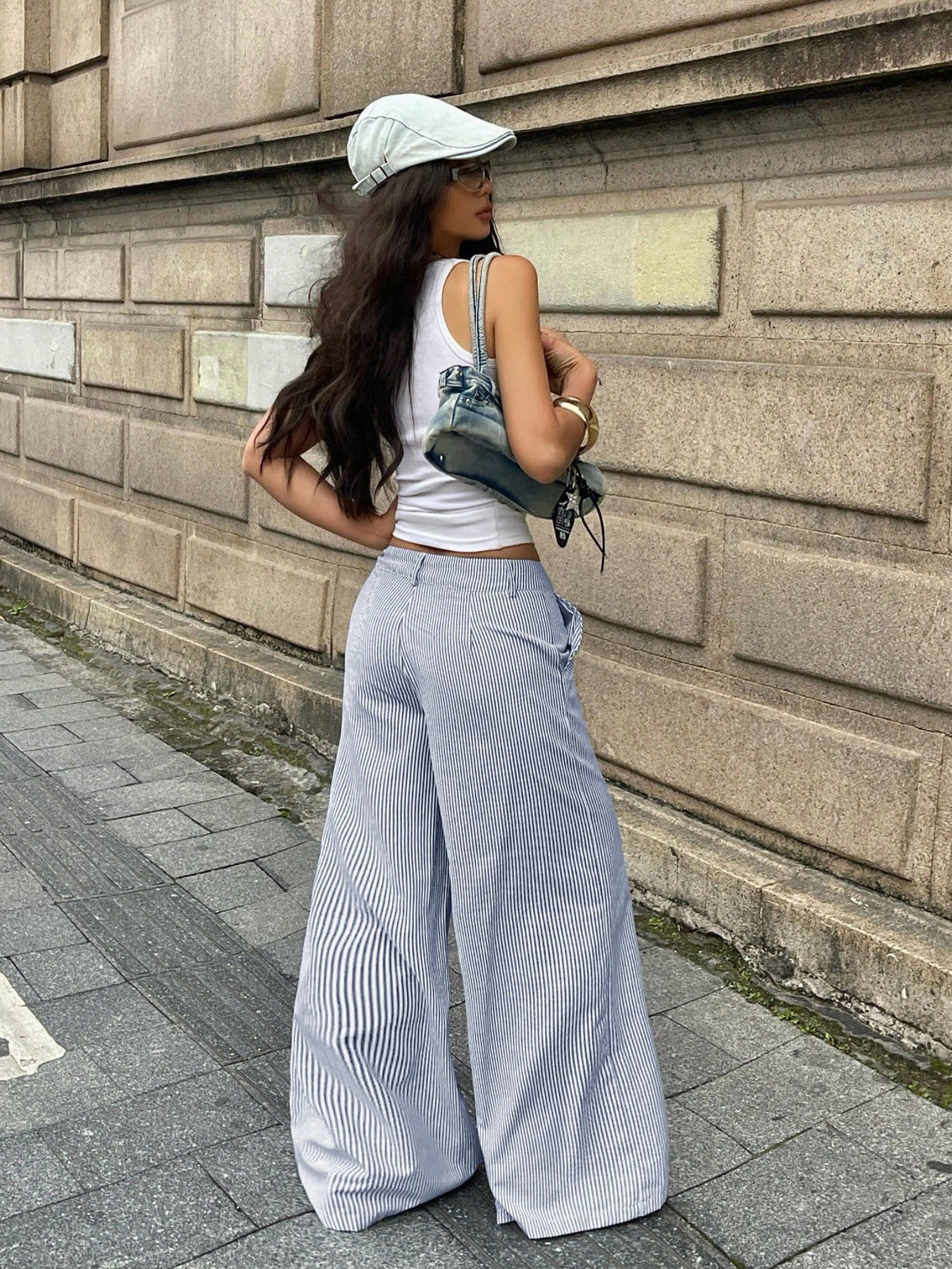 Coolane Women's Summer Streetwear Casual Basic Daily Wear Essentials Vacation Holiday Graphics Striped With Pockets Black Baggy Low Rise Wide Leg Pants