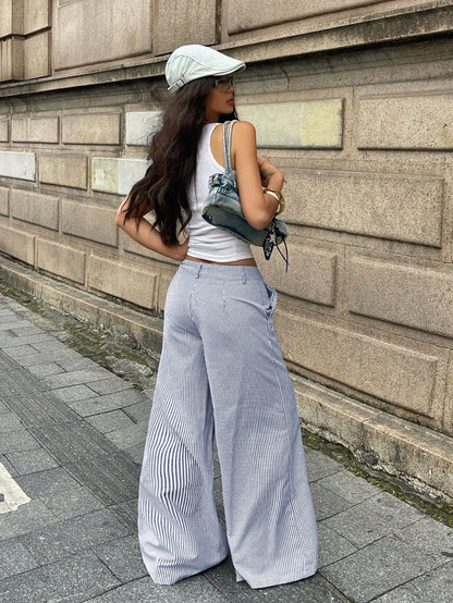 Coolane Women's Summer Streetwear Casual Basic Daily Wear Essentials Vacation Holiday Graphics Striped With Pockets Black Baggy Low Rise Wide Leg Pants