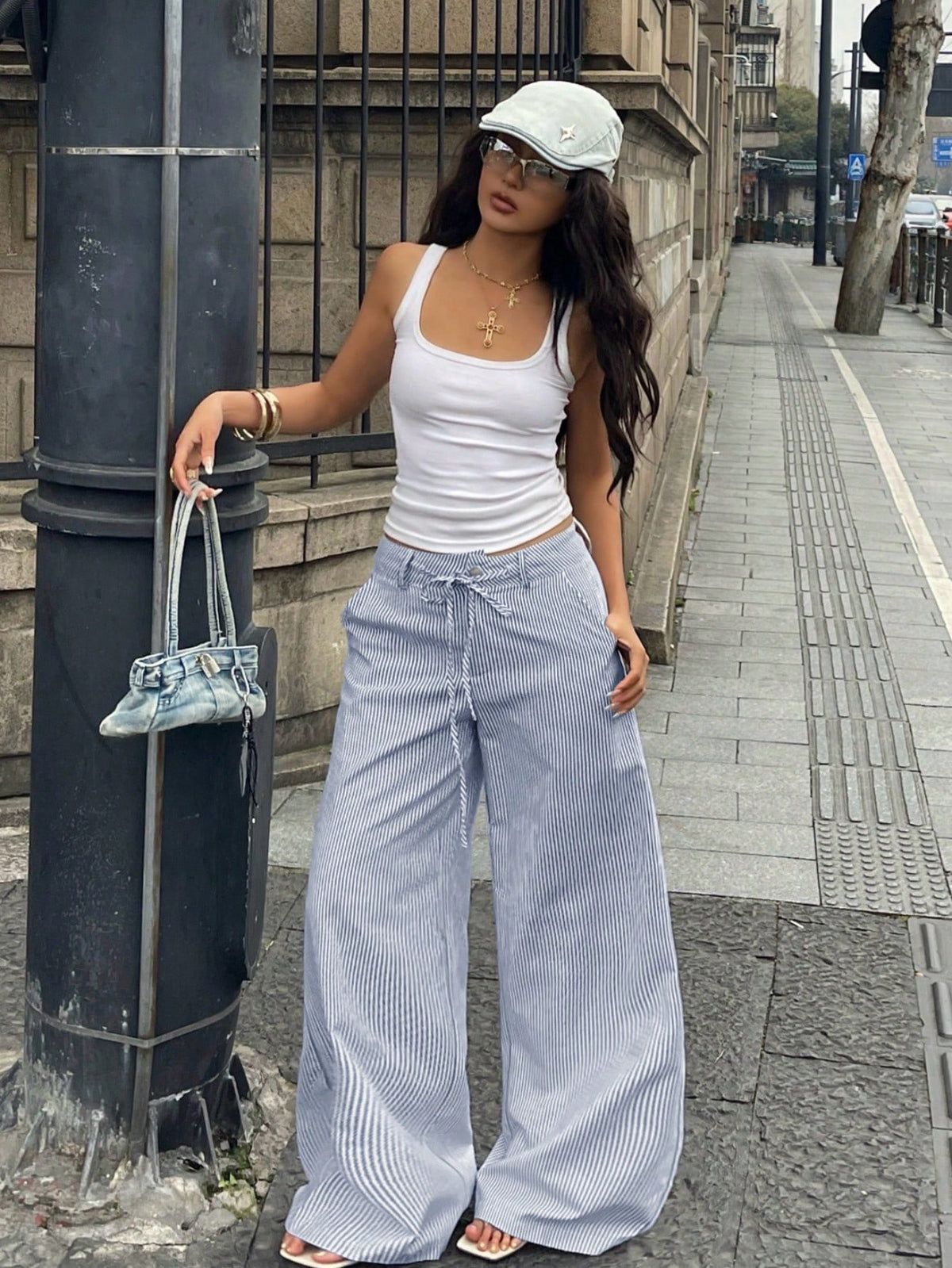 Coolane Women's Summer Streetwear Casual Basic Daily Wear Essentials Vacation Holiday Graphics Striped With Pockets Black Baggy Low Rise Wide Leg Pants
