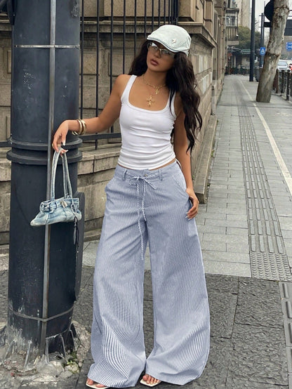 Coolane Women's Summer Streetwear Casual Basic Daily Wear Essentials Vacation Holiday Graphics Striped With Pockets Black Baggy Low Rise Wide Leg Pants