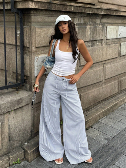 Coolane Women's Summer Streetwear Casual Basic Daily Wear Essentials Vacation Holiday Graphics Striped With Pockets Black Baggy Low Rise Wide Leg Pants