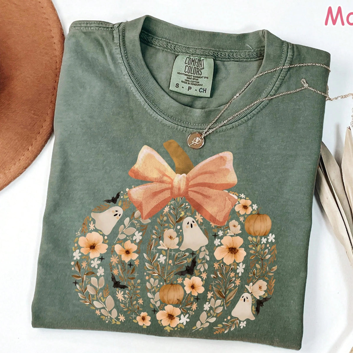 Coquette Floral Pumpkin Ghost Graphic T-Shirt, Cute Bow Halloween Fall Tee For Casual Party & Trick-Or-Treating Wear