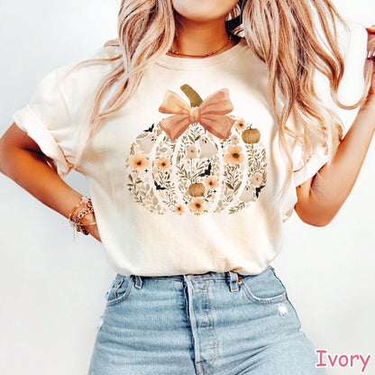 Coquette Floral Pumpkin Ghost Graphic T-Shirt, Cute Bow Halloween Fall Tee For Casual Party & Trick-Or-Treating Wear