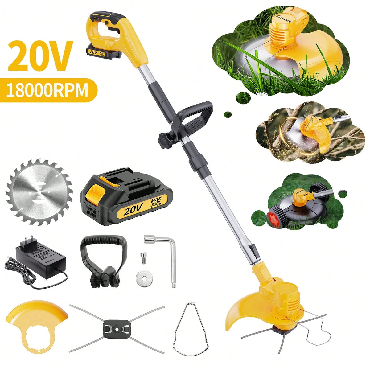 Cordless Electric Grass Trimmer 20V Battery Powered Trimmer, 4-In-1 Brush Cutter Cutter Lawn Edger With Types Blade & Wheels Lightweight For Garden And Yard Lawn