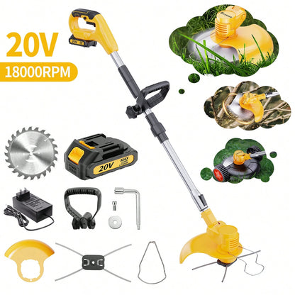 Cordless Electric Grass Trimmer 20V Battery Powered Trimmer, 4-In-1 Brush Cutter Cutter Lawn Edger With Types Blade & Wheels Lightweight For Garden And Yard Lawn