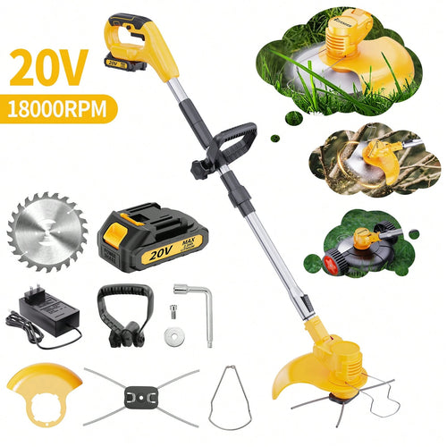 Cordless Electric Grass Trimmer 20V Battery Powered Trimmer, 4-In-1 Brush Cutter Cutter Lawn Edger With Types Blade & Wheels Lightweight For Garden And Yard Lawn