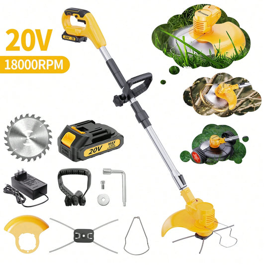 Cordless Electric Grass Trimmer 20V Battery Powered Trimmer, 4-In-1 Brush Cutter Cutter Lawn Edger With Types Blade & Wheels Lightweight For Garden And Yard Lawn
