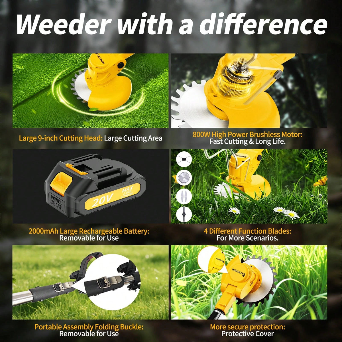 Cordless Electric Grass Trimmer 20V Battery Powered Trimmer, 4-In-1 Brush Cutter Cutter Lawn Edger With Types Blade & Wheels Lightweight For Garden And Yard Lawn