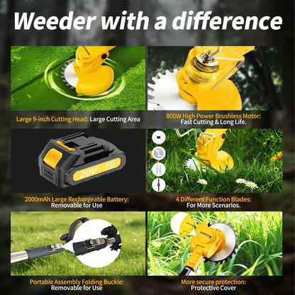 Cordless Electric Grass Trimmer 20V Battery Powered Trimmer, 4-In-1 Brush Cutter Cutter Lawn Edger With Types Blade & Wheels Lightweight For Garden And Yard Lawn
