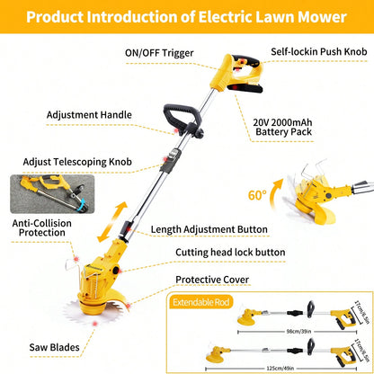 Cordless Electric Grass Trimmer 20V Battery Powered Trimmer, 4-In-1 Brush Cutter Cutter Lawn Edger With Types Blade & Wheels Lightweight For Garden And Yard Lawn
