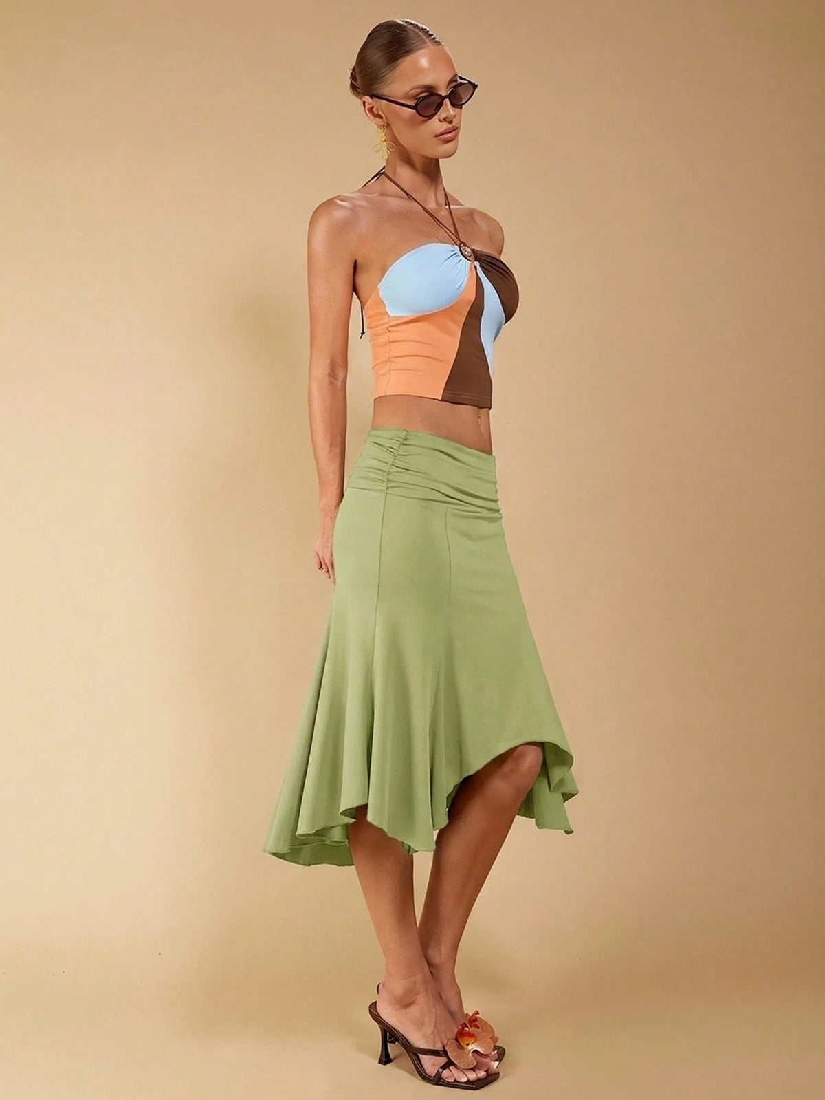 COSMINA Women's Elegant Casual Tropical Asymmetrical Ruched Skirt, Suitable For Autumn, Mermaid Women, Trumpet Fishtail Vacation Sage Green