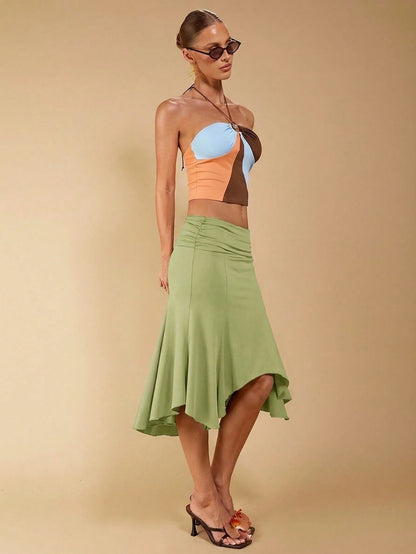 COSMINA Women's Elegant Casual Tropical Asymmetrical Ruched Skirt, Suitable For Autumn, Mermaid Women, Trumpet Fishtail Vacation Sage Green