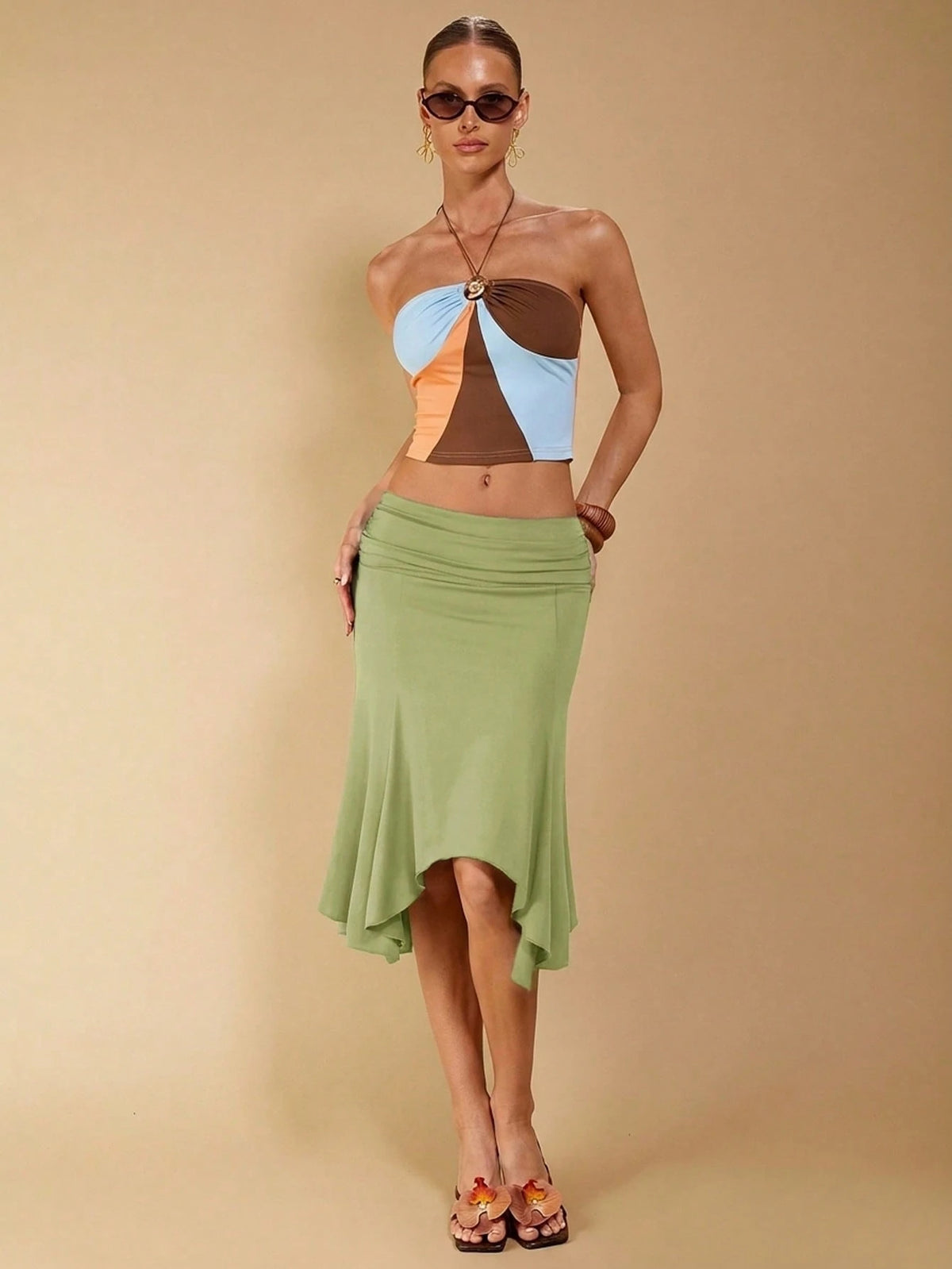 COSMINA Women's Elegant Casual Tropical Asymmetrical Ruched Skirt, Suitable For Autumn, Mermaid Women, Trumpet Fishtail Vacation Sage Green
