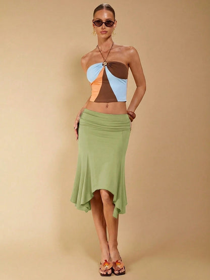 COSMINA Women's Elegant Casual Tropical Asymmetrical Ruched Skirt, Suitable For Autumn, Mermaid Women, Trumpet Fishtail Vacation Sage Green
