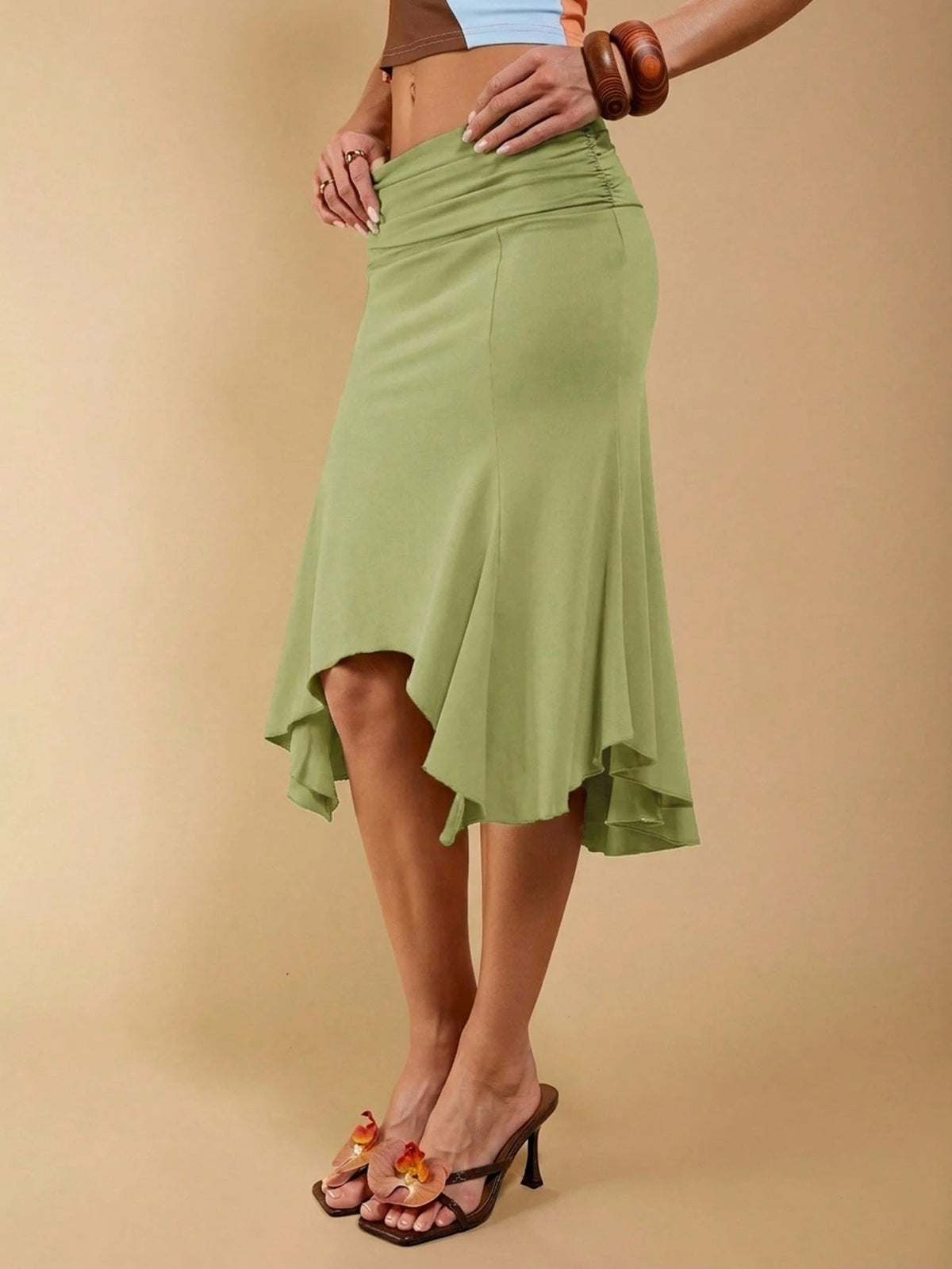 COSMINA Women's Elegant Casual Tropical Asymmetrical Ruched Skirt, Suitable For Autumn, Mermaid Women, Trumpet Fishtail Vacation Sage Green